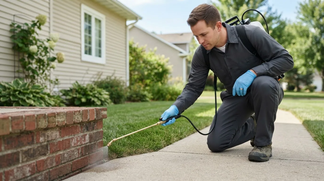 Pest control technician treating a home near Grove, OK