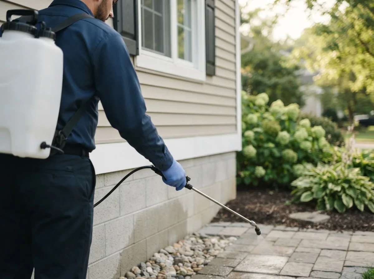 Pest control technician inspecting a home in Grove, OK